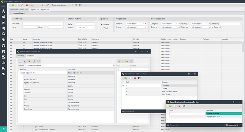 Clasificari mijloace fixe operare in sistem informatic erp